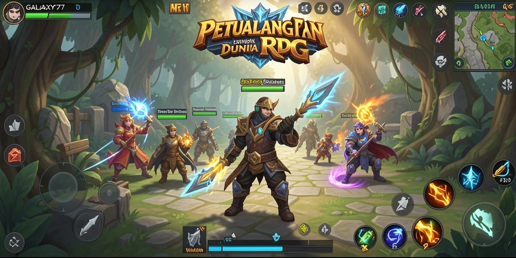 Gameplay mendebarkan di GALAXY77 saat bertarung dalam petualangan RPG.