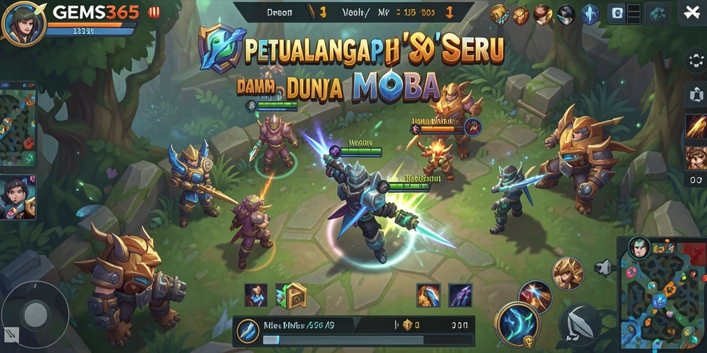 Screenshot GEMS365 menampilkan aksi seru dalam pertarungan tim MOBA.