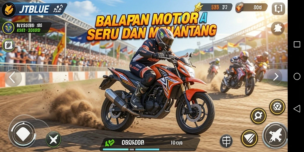 Screenshot gameplay dari JTBLUE menampilkan aksi balapan motor yang mendebarkan.