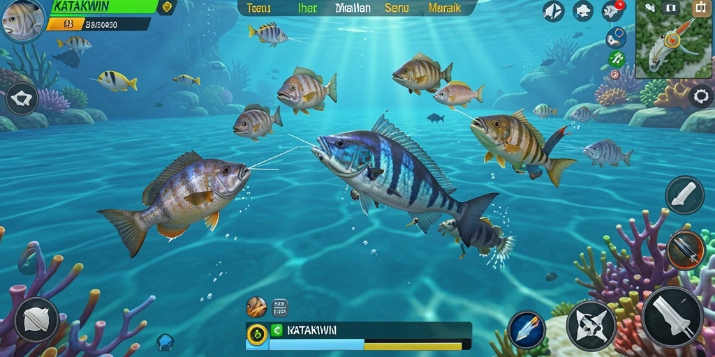 Tampilan gameplay KATAKWIN dengan berbagai ikan berwarna-warni dan senjata tembak.