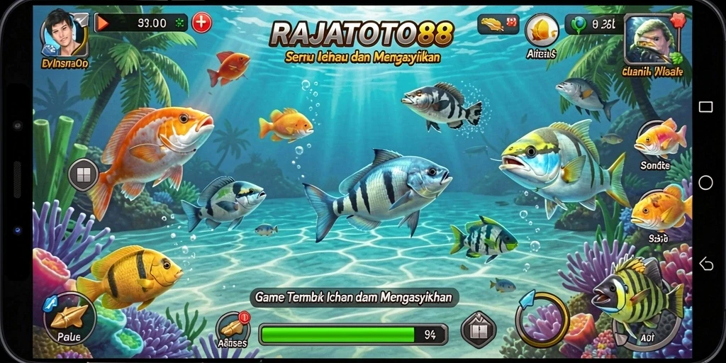Screenshot gameplay RAJATOTO88 menampilkan aksi seru menembak ikan.