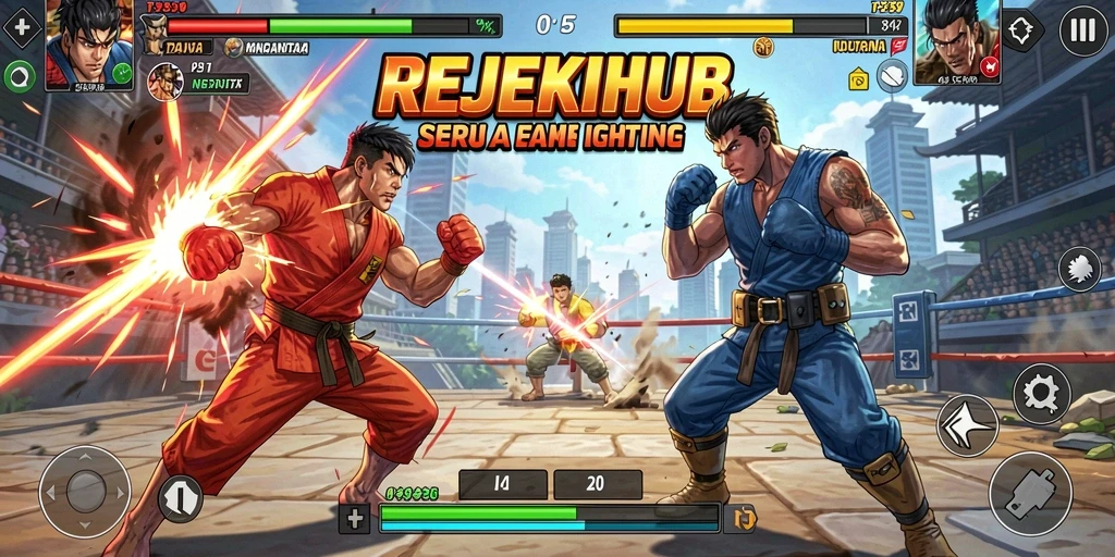 Screenshot utama REJEKIHUB menampilkan duel epik antara karakter.