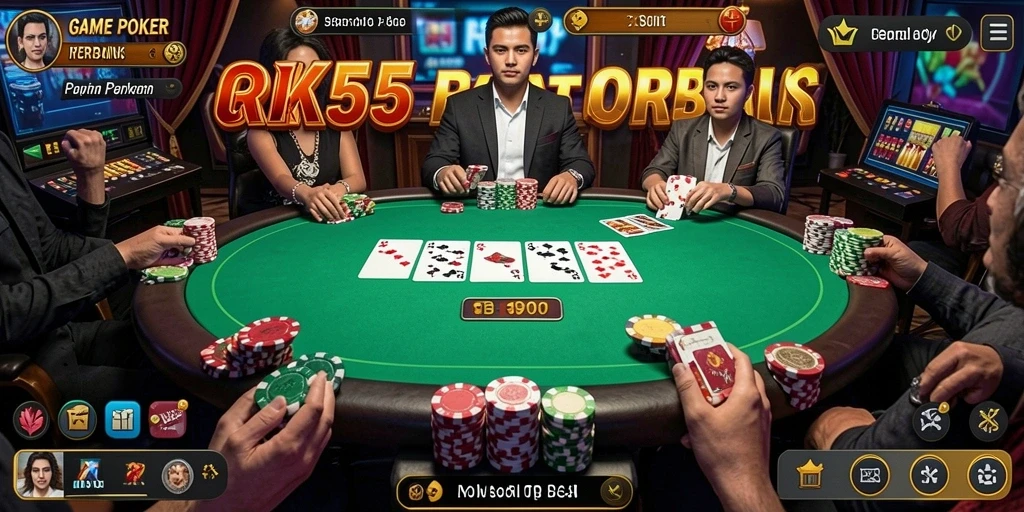 Screenshot utama RK55 menampilkan pertandingan poker yang mendebarkan.