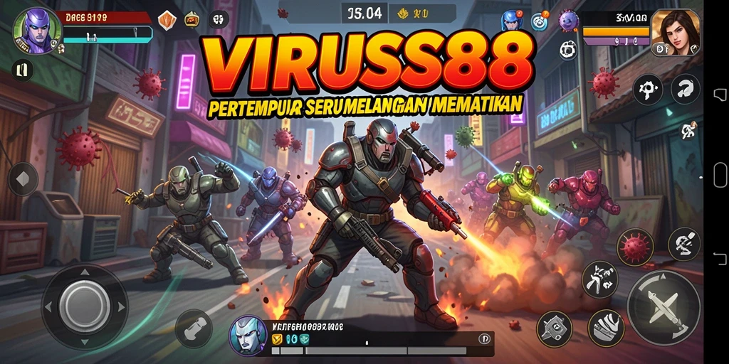 Tangkapan layar utama VIRUS88 memperlihatkan aksi mendebarkan dalam pertempuran.